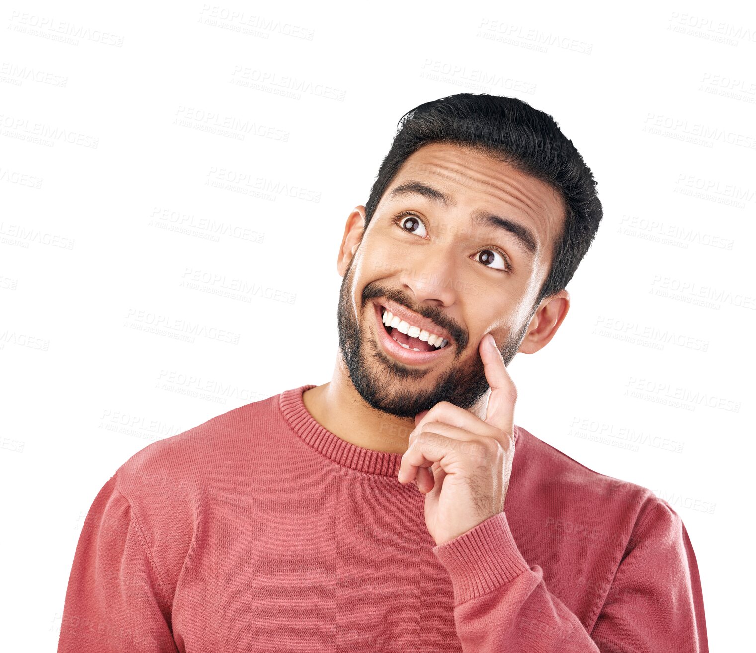 Buy stock photo Surprise, thinking and Asian man with ideas, opportunity or brainstorming isolated on a transparent background. Male person, model or problem solving with promotion, png or decision with announcement