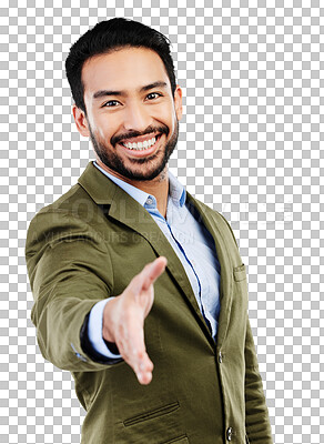 Buy stock photo Isolated business man, open hand shake and welcome with smile, portrait and kindness by transparent png background. Asian businessman, happy and respect for hr recruitment and onboarding for hiring