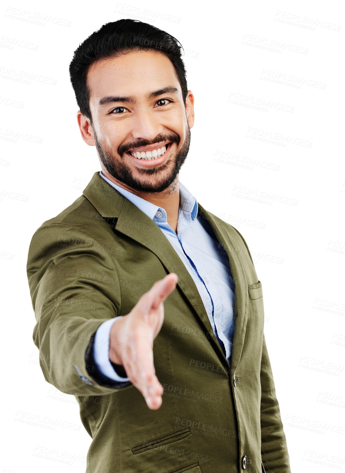 Buy stock photo Isolated business man, open hand shake and welcome with smile, portrait and kindness by transparent png background. Asian businessman, happy and respect for hr recruitment and onboarding for hiring