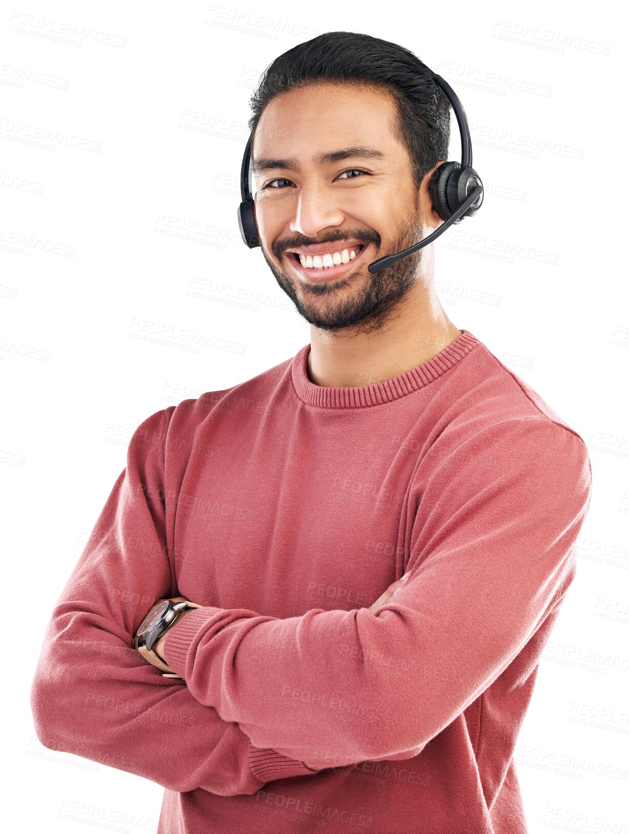 Buy stock photo Call center, man with arms crossed and headset, customer service job with CRM isolated on transparent png background. Portrait, male consultant with tech support and help desk for telemarketing