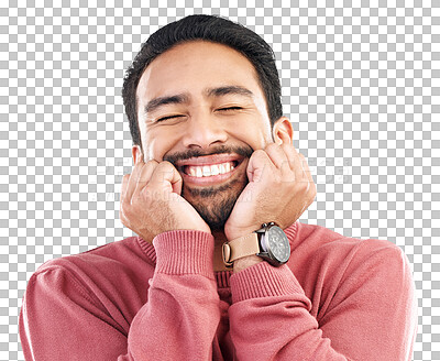 Buy stock photo Happiness, excited and asian man with hands on face for wow, news or sale on isolated, transparent or png background. Emoji and happy model smile for promotion, announcement or competition giveaway