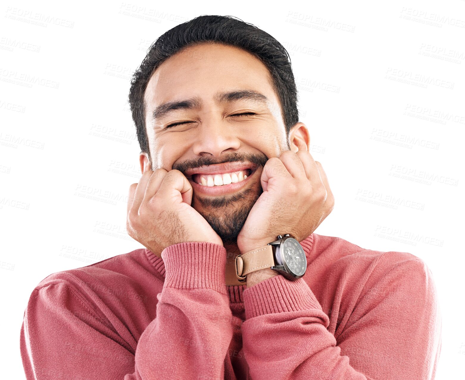 Buy stock photo Happiness, excited and asian man with hands on face for wow, news or sale on isolated, transparent or png background. Emoji and happy model smile for promotion, announcement or competition giveaway