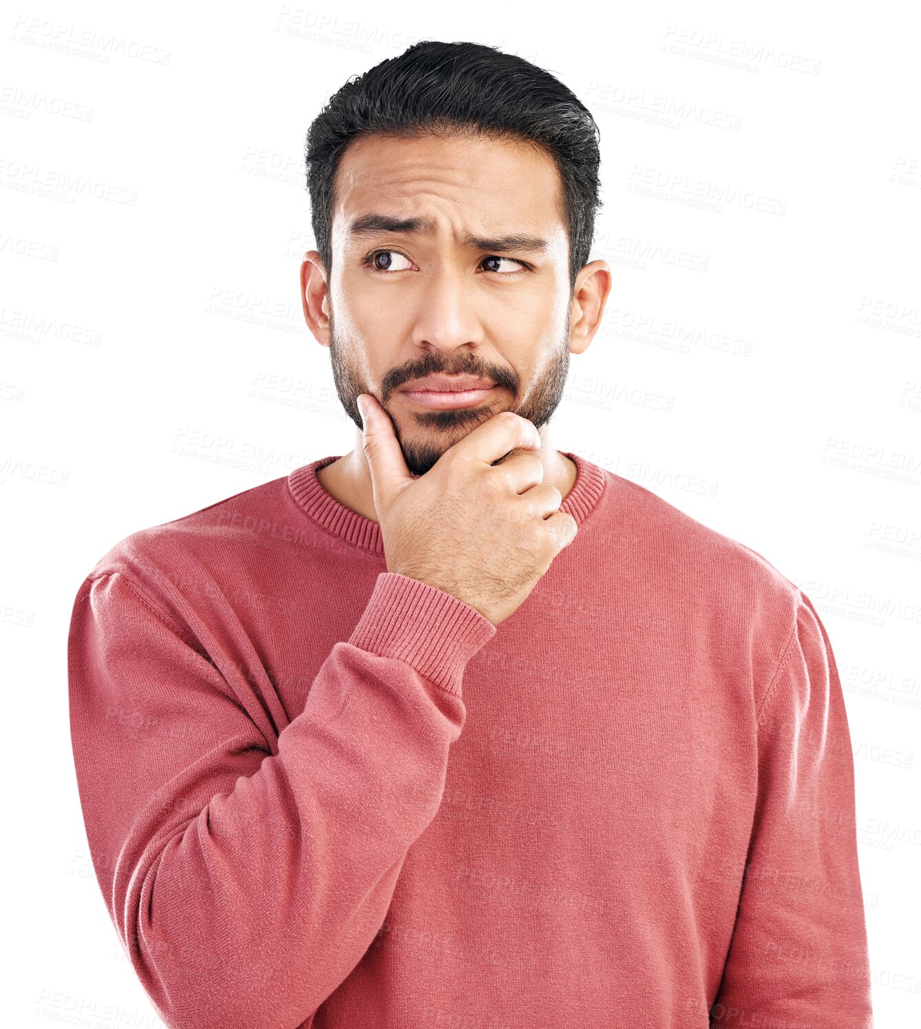 Buy stock photo Confused, thinking and asian man with questions on isolated, transparent and png background. Doubt, choice and male person with solution, problem solving and why emoji for decision, idea or answer