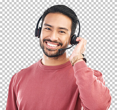 Buy stock photo Call center, man with face and headset, customer service job with CRM and contact us isolated on transparent png background. Portrait, male consultant in tech support and help desk for telemarketing