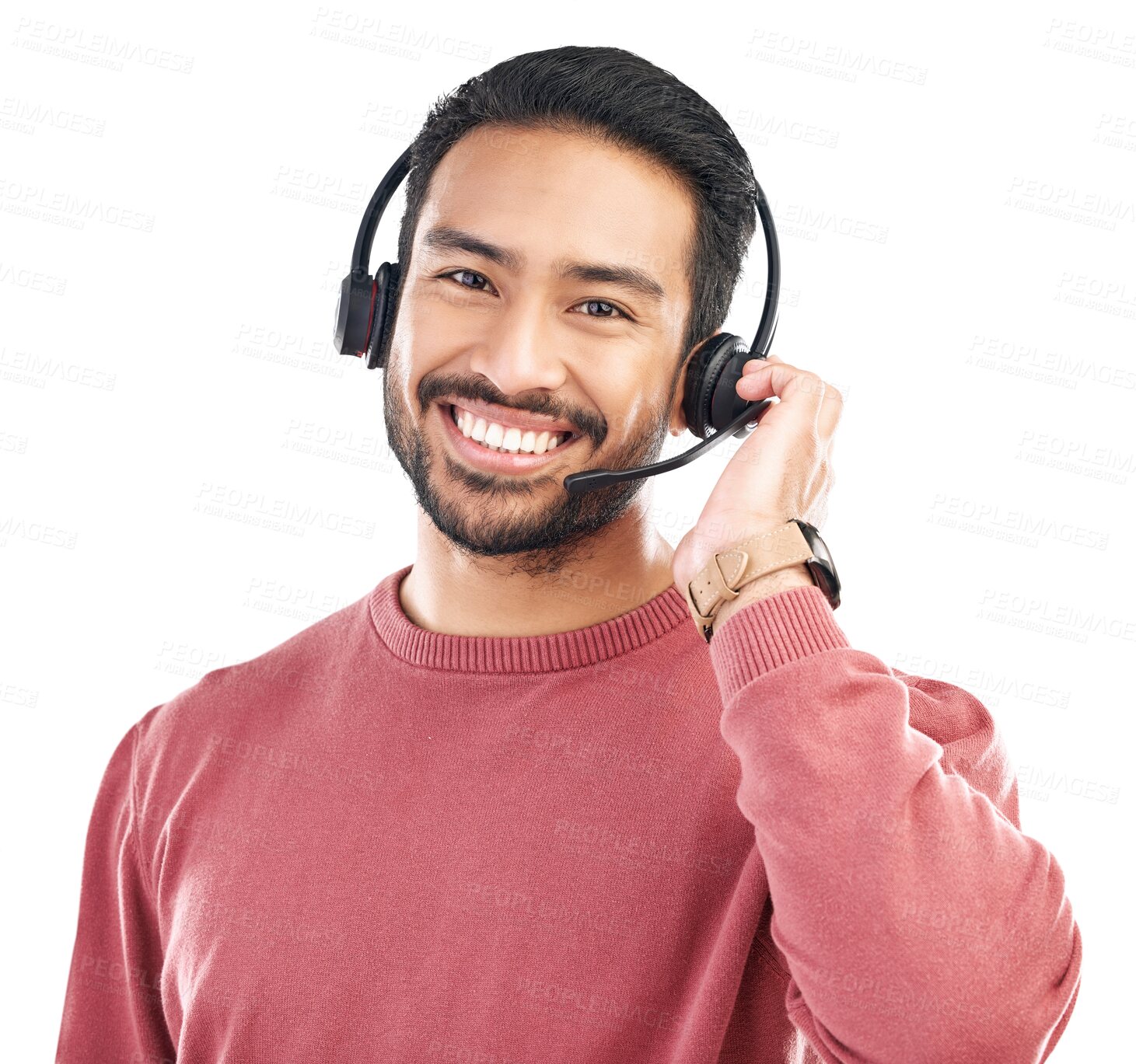 Buy stock photo Call center, man with face and headset, customer service job with CRM and contact us isolated on transparent png background. Portrait, male consultant in tech support and help desk for telemarketing