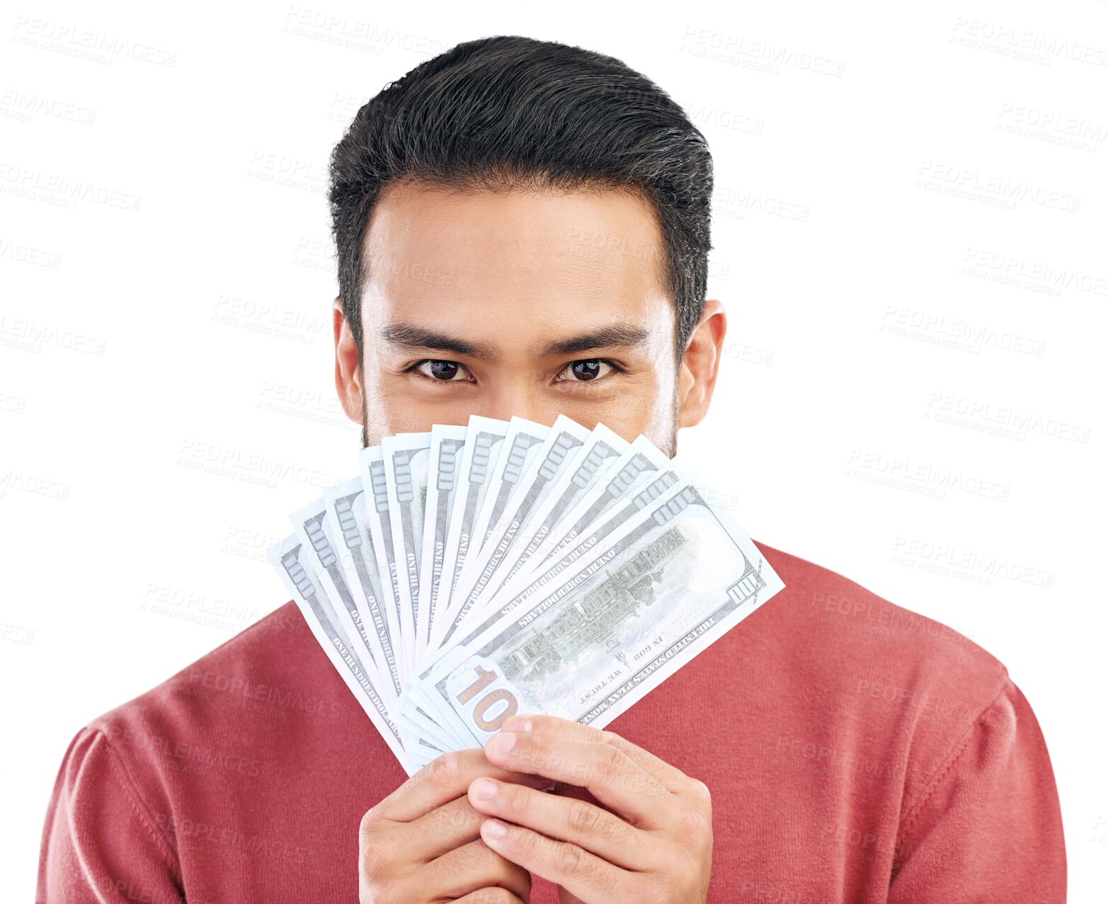 Buy stock photo Portrait, money and man with cashback, reward or bonus earnings on isolated, transparent or png background. Cash, savings and male winner with financial freedom, lottery or bet, gamble or bingo prize