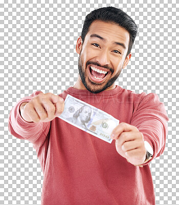 Buy stock photo Dollar, winner and man with cash money in hands for prize isolated on png, transparent background. Excited asian person portrait with paper bill for reward, lottery or competition award or bonus win
