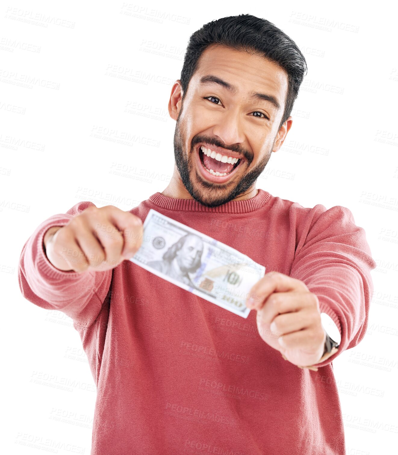 Buy stock photo Dollar, winner and man with cash money in hands for prize isolated on png, transparent background. Excited asian person portrait with paper bill for reward, lottery or competition award or bonus win
