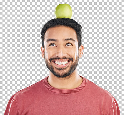 Buy stock photo Happy, head and asian man with balance or apple in isolated or png with transparent background. Detox, wellness and fruit with guy for healthy diet or food for vegan for nutrition with smile or idea