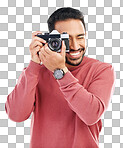 Photography, happy and man with a camera in a studio for creativity or art photoshoot job. Happiness, smile and Indian male photographer taking pictures for paparazzi or the media by white background