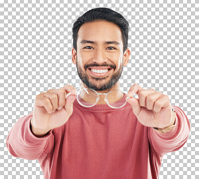 Buy stock photo Man with glasses in hands, portrait and smile, vision and eye care with frame and prescription lens on png transparent background. Eyewear choice, male person and optometry with spectacles and health