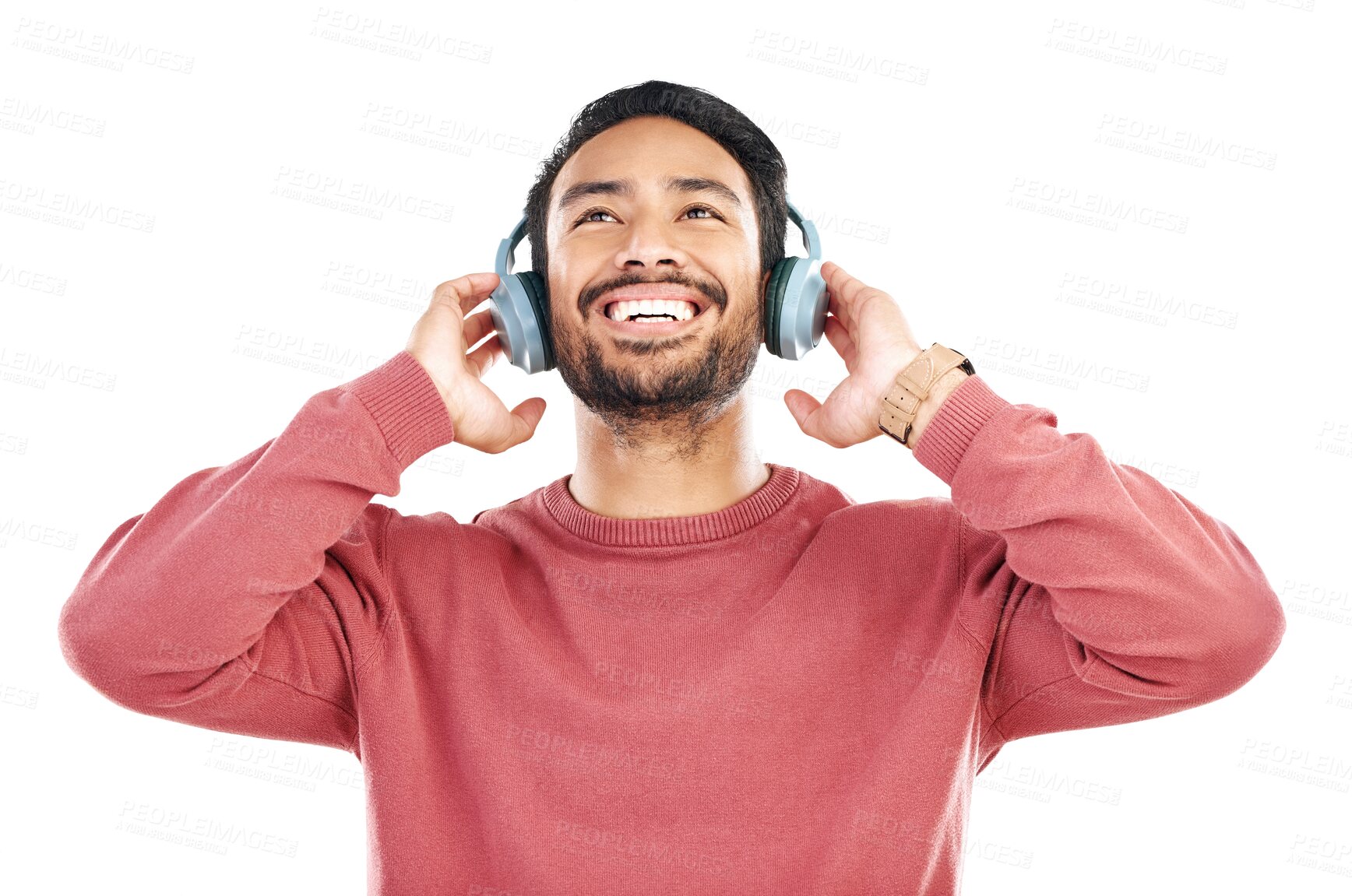 Buy stock photo Music, headphones and happy asian man with good mood on isolated, transparent and png background. Smile, radio and male person with earphones for podcast, streaming or online subscription service