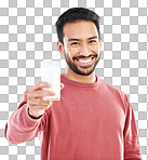 Milk, man and smile portrait with happiness in studio with calcium, healthy and nutrition drink. Isolated, white background and model feeling happy from weight loss, wellness and detox diet smoothie