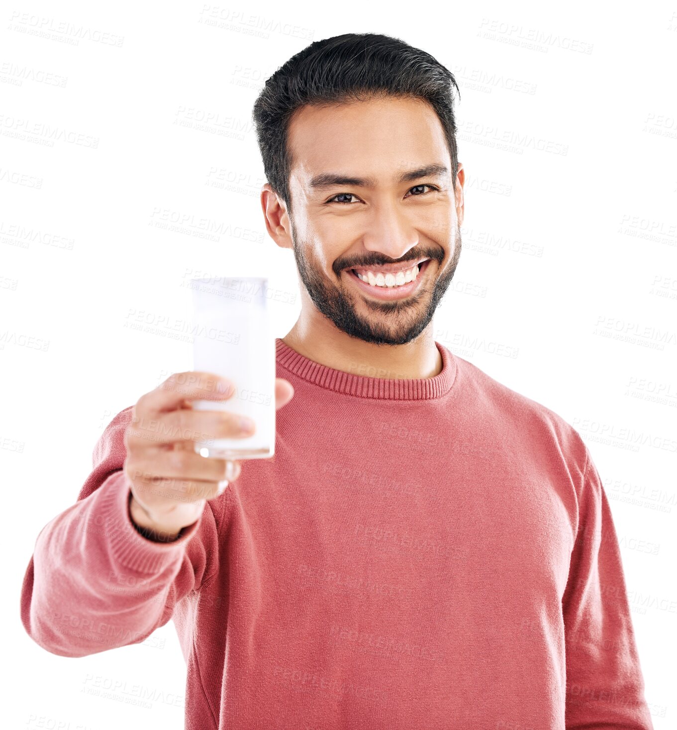 Buy stock photo Portrait, happy or Asian man with milk for calcium or weight loss isolated transparent png background. Giving offer, smile or person drinking smoothie or milkshake for healthy nutrition or hydration