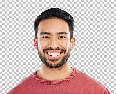 Buy stock photo Eating pill, man and portrait with health supplement, prescription and wellness tablet. Asian person, happy face and medicine for nutrition, healthcare and isolated on a transparent png background