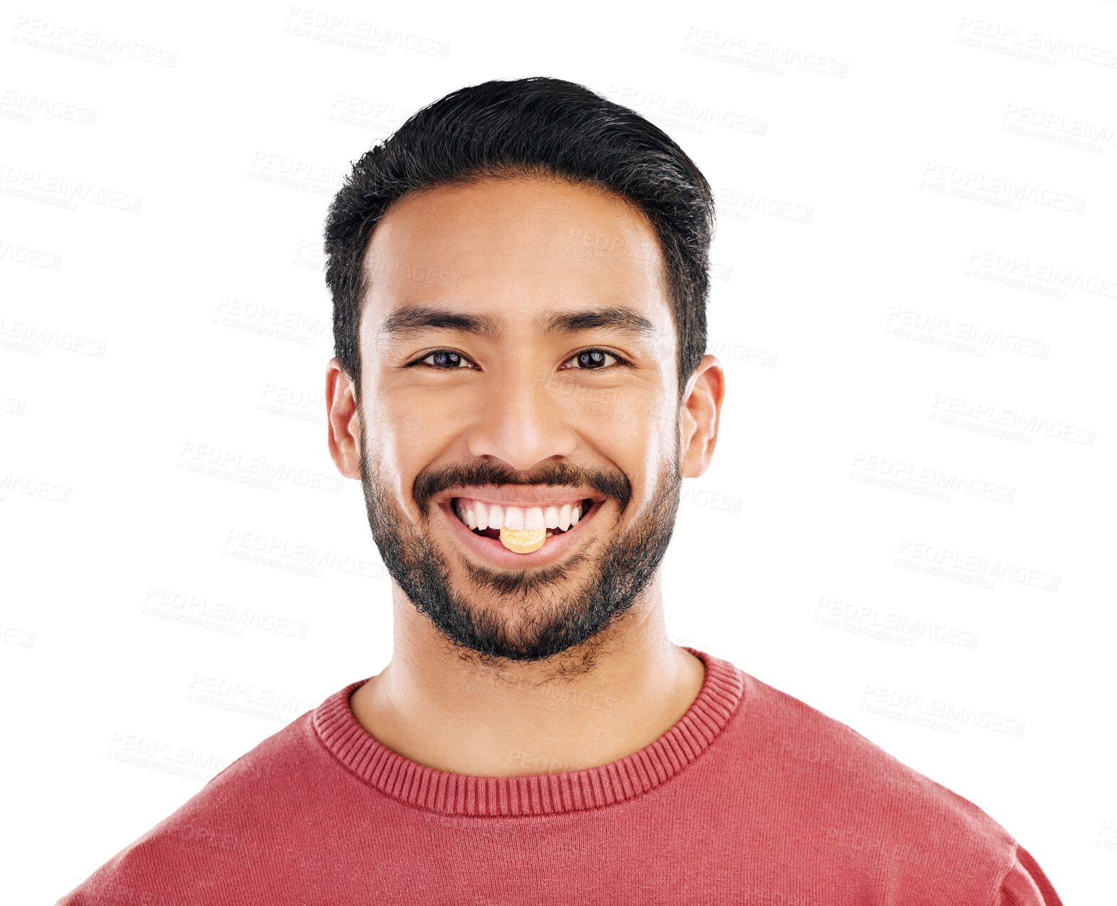 Buy stock photo Eating pill, man and portrait with health supplement, prescription and wellness tablet. Asian person, happy face and medicine for nutrition, healthcare and isolated on a transparent png background