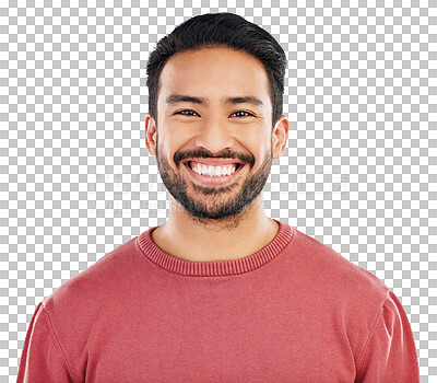 Buy stock photo Isolated man, portrait and smile with confidence, beard and pride with clothes by transparent png background. Gen z student, young Indian guy or trendy fashion model with casual style in youth