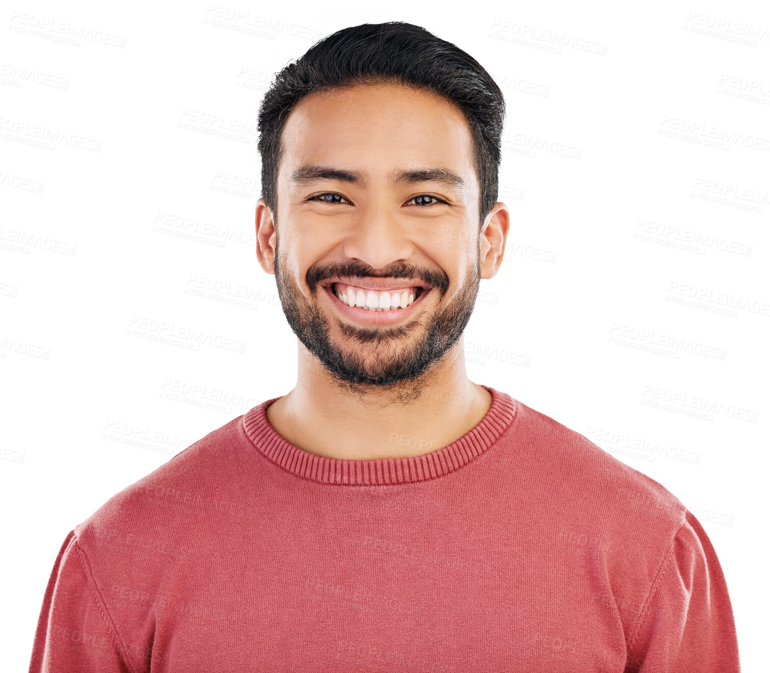 Buy stock photo Isolated man, portrait and smile with confidence, beard and pride with clothes by transparent png background. Gen z student, young Indian guy or trendy fashion model with casual style in youth