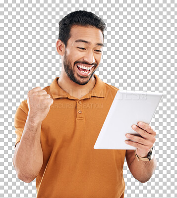 Studio tablet news, reading and happy man celebrate achievement, success goals or winning. Excited, winner and male celebration fist pump, victory announcement or notification on white background