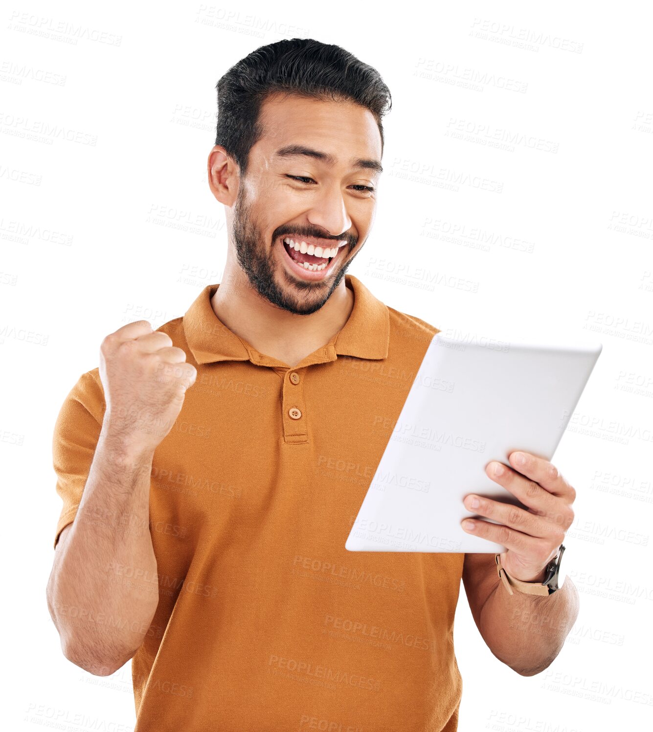 Buy stock photo Tablet news, winner or happy man with success, goals or bonus isolated on transparent png background. Excited, reading or Asian person in celebration fist pump, victory announcement or notification 