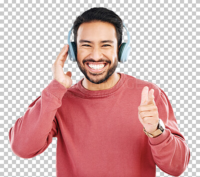 Buy stock photo Portrait, hand pointing and asian man with music headphones on isolated, transparent or png background. Hand, you and face of male smile with emoji and earphones promo, radio or podcast announcement