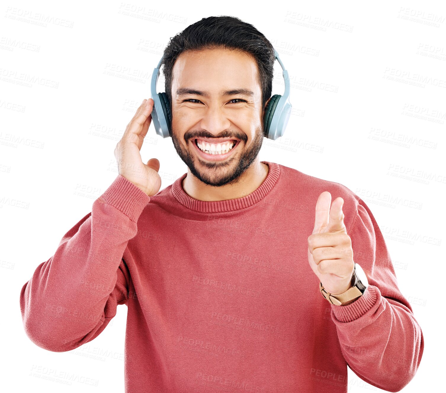 Buy stock photo Portrait, hand pointing and asian man with music headphones on isolated, transparent or png background. Hand, you and face of male smile with emoji and earphones promo, radio or podcast announcement