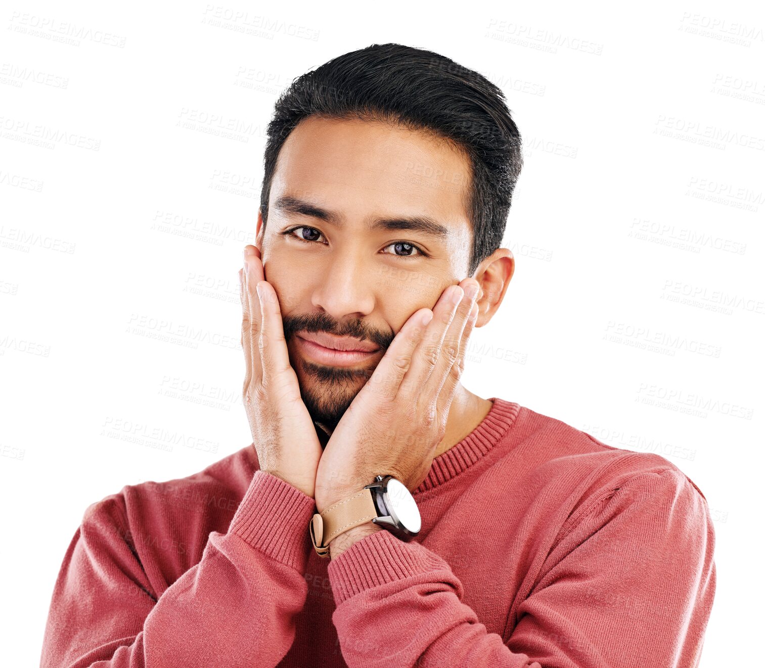 Buy stock photo Portrait, shy and sweet young man posing while touching his cheeks with a cute expression. Face, smile and headshot of a male model from India with confidence isolated by transparent png background.