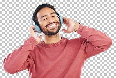 Buy stock photo Headphones, music and happy asian man with good vibes on isolated, transparent and png background. Smile, radio and male person with earphones for podcast, streaming or online subscription service