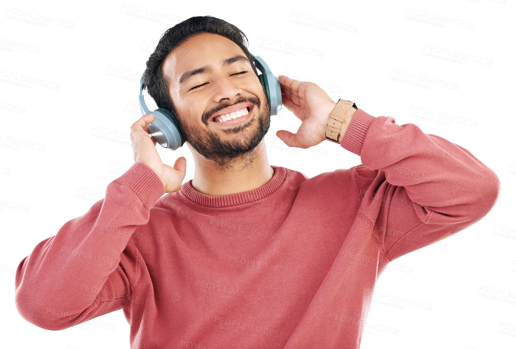 Buy stock photo Headphones, music and happy asian man with good vibes on isolated, transparent and png background. Smile, radio and male person with earphones for podcast, streaming or online subscription service