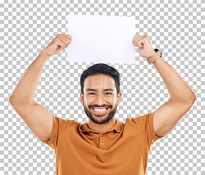 Buy stock photo Poster, happy man and portrait mockup with marketing placard, advertising banner or information board. Asian guy, mock up space and paper for promotion sign isolated on a transparent png background