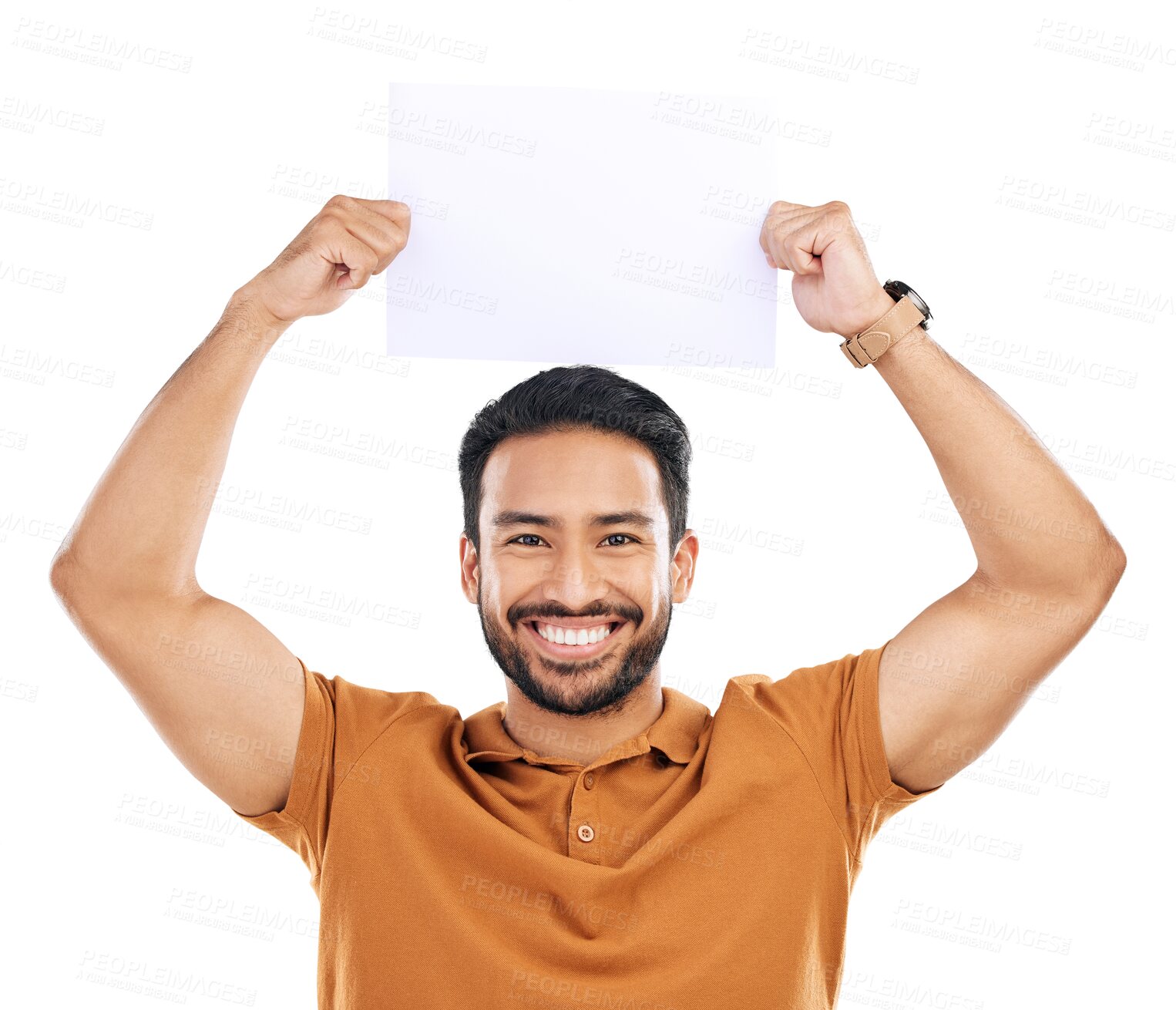 Buy stock photo Poster, happy man and portrait mockup with marketing placard, advertising banner or information board. Asian guy, mock up space and paper for promotion sign isolated on a transparent png background