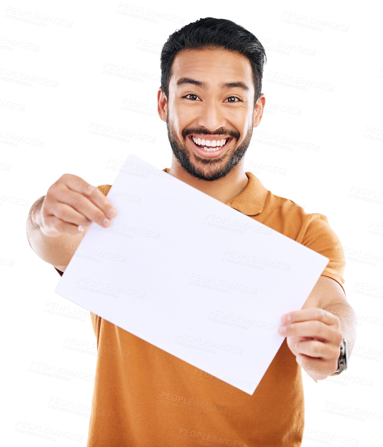 Buy stock photo Happy man, poster mockup and advertising board, presentation and ambassador isolated on png transparent background. Male person with smile, portrait and show card, sign with news and brand marketing