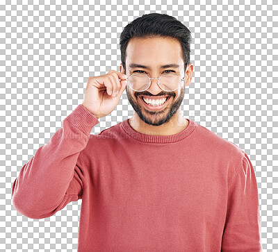 Buy stock photo Portrait, smile and asian man with glasses or happy in png or isolated and transparent background. Fashion, nerd and happy with guy or casual with style or happiness with eyewear is positive.