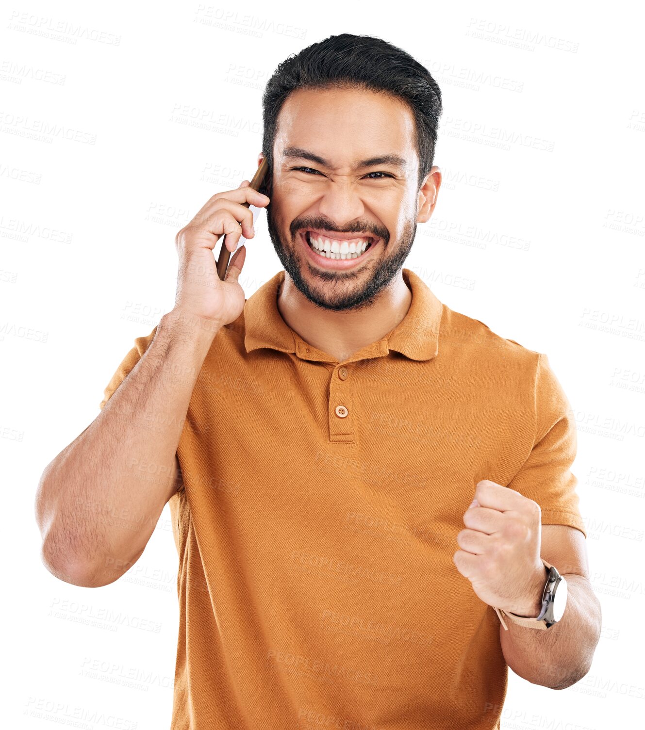 Buy stock photo Man, phone call and winning news with fist pump, yes to success and happy on transparent png background. Excited, announcement with reward or giveaway, male winner with celebration and smile