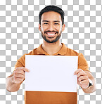 Studio poster, portrait mockup and happy man with marketing placard, advertising banner or product placement paper. Logo mock up, billboard promotion sign and brand person isolated on gray background