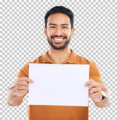 Buy stock photo Poster, mockup and portrait of asian man with billboard on isolated, transparent or png background. Face, smile and male person with timeline, space and checklist, presentation and how to process