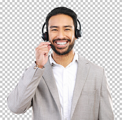 Buy stock photo Call center, man with smile and headset, customer service job with CRM and contact us isolated on transparent png background. Portrait, male consultant in tech support and help desk for telemarketing