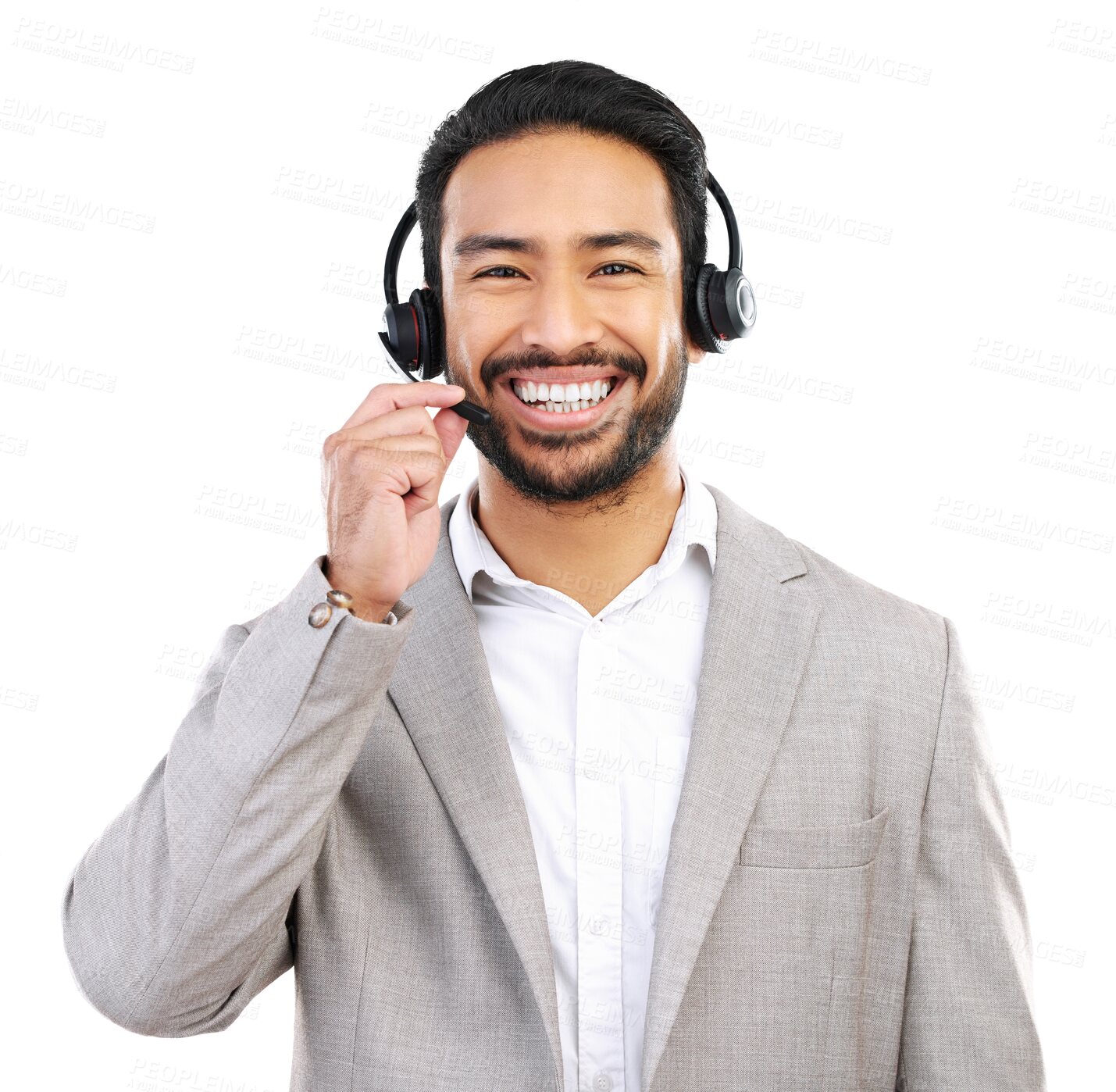 Buy stock photo Call center, man with smile and headset, customer service job with CRM and contact us isolated on transparent png background. Portrait, male consultant in tech support and help desk for telemarketing