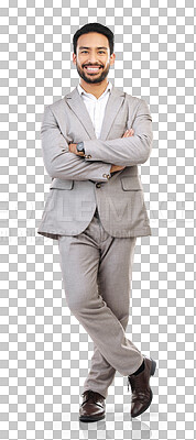 Buy stock photo Portrait, lawyer and business man with arms crossed isolated on a transparent png background. Asian attorney, smile or confident professional, employee or worker from Singapore with success in career