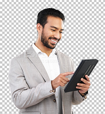 Buy stock photo News, social media or happy businessman with tablet for email communication or online research on website. Digital, smile or Asian trader on internet to scroll isolated on transparent png background