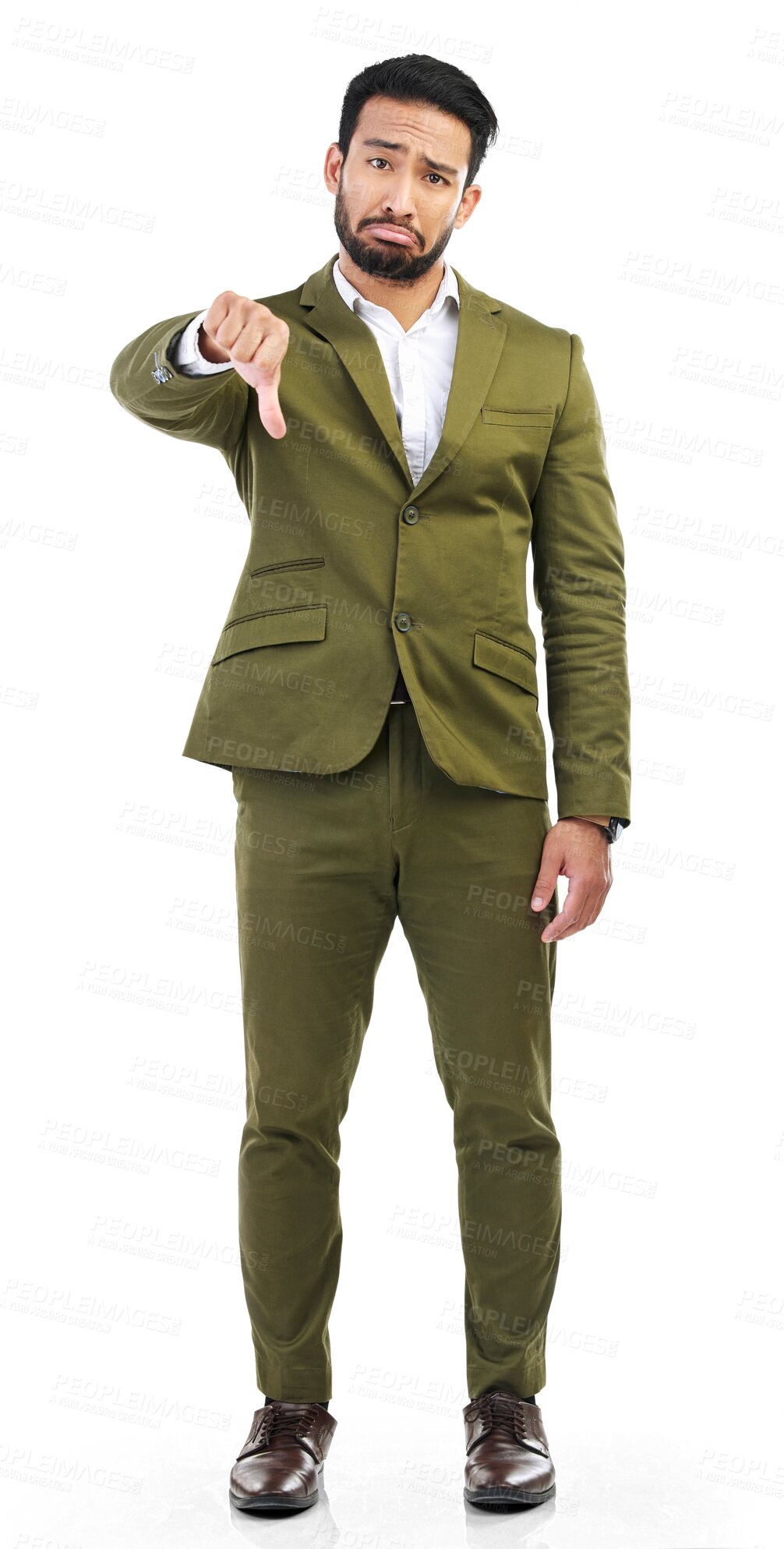 Buy stock photo Thumbs down, business man and portrait to reject for bad feedback, emoji sign or isolated on transparent png background. Asian male employee show negative opinion, wrong decision and gesture of hands