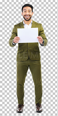 Buy stock photo Portrait, business man and advertising poster, marketing placard and mockup banner on information board. Happy asian worker, space on sign or paper of promotion isolated on transparent png background