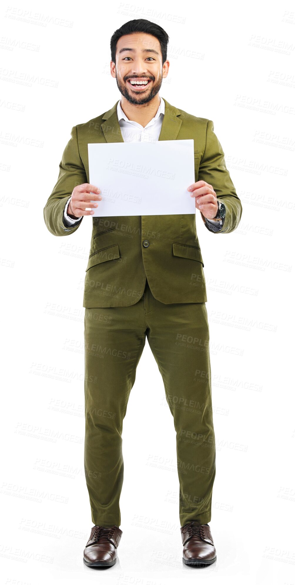 Buy stock photo Portrait, business man and advertising poster, marketing placard and mockup banner on information board. Happy asian worker, space on sign or paper of promotion isolated on transparent png background