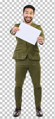 Buy stock photo Mockup, poster and portrait of asian man with billboard on isolated, transparent or png background. Face, smile and male person with timeline, space and checklist, presentation and how to process