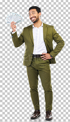 Buy stock photo Money, fan or happy businessman with success isolated on transparent png background for investment. Bonus, smile or excited banker with financial freedom from profit, savings or winning cash prize