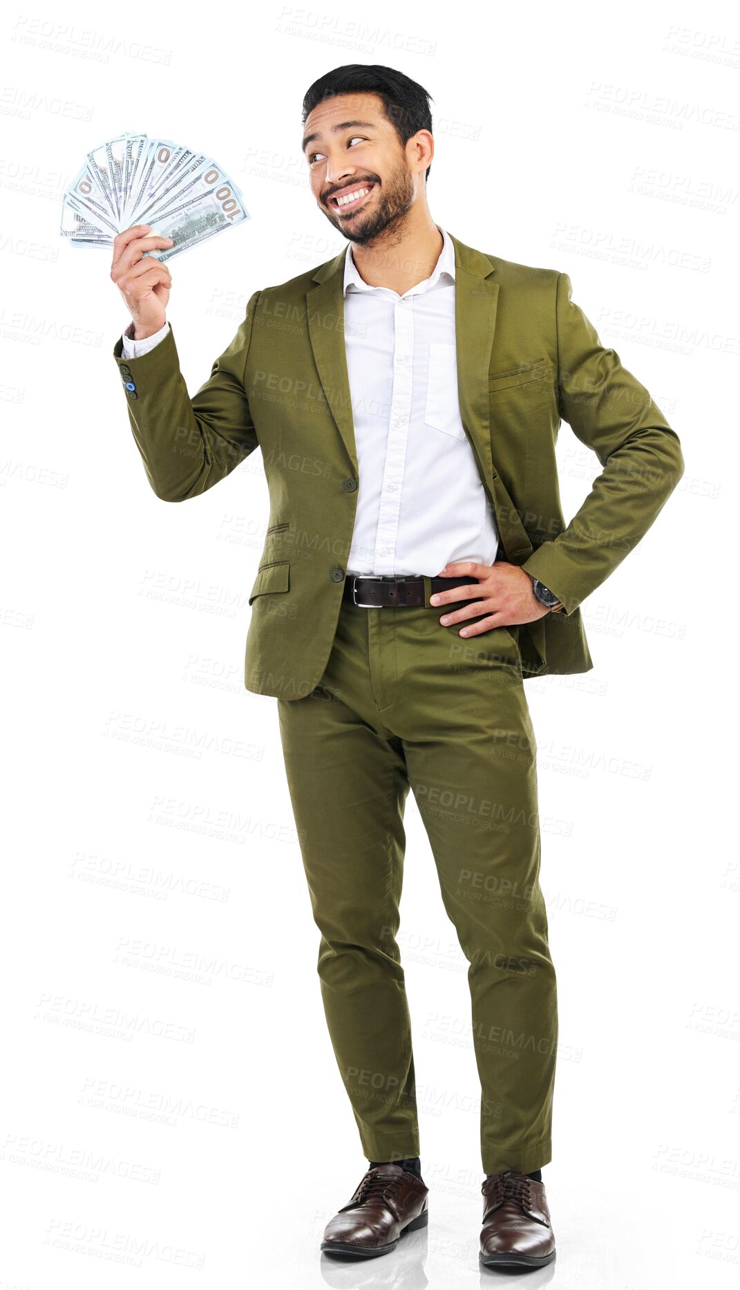 Buy stock photo Money, fan or happy businessman with success isolated on transparent png background for investment. Bonus, smile or excited banker with financial freedom from profit, savings or winning cash prize