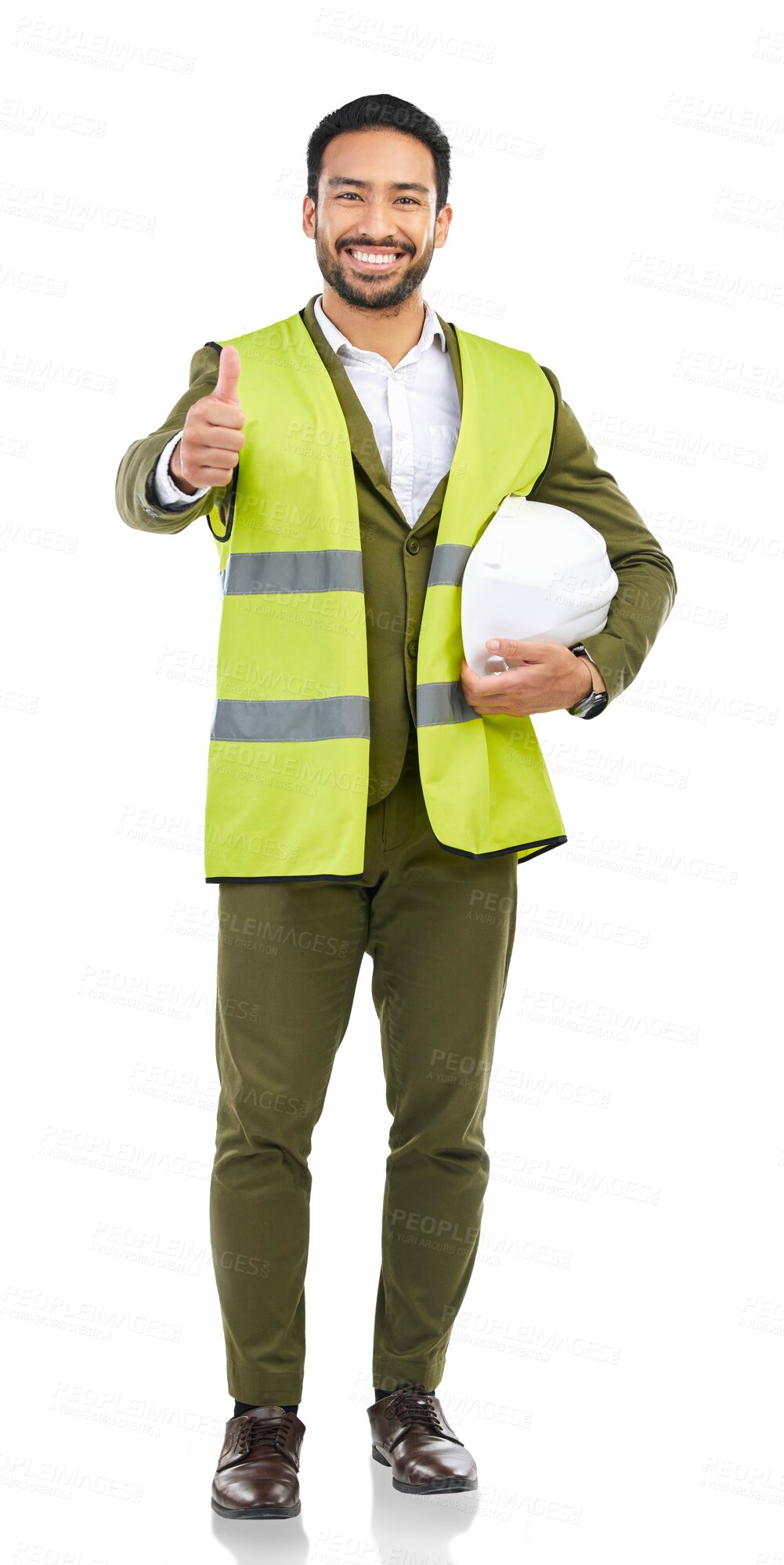 Buy stock photo Portrait, Asian man or architect with thumb up or  success isolated on transparent png background. Good service, contractor or happy engineer with like gesture for ok, agreement or support on project