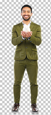 Buy stock photo Isolated business man, piggy bank and portrait with smile for savings, investment or goal by transparent png background. Asian businessman, investor and icon for future, financial growth and wealth