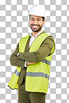 Construction, smile and portrait of engineer in studio with suit, vest and helmet on white background. Happiness, proud contractor with safety and confidence, professional Indian man with happy face.