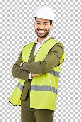 Buy stock photo Engineering, smile and portrait of male construction worker with hard hat, suit and vest for project. Industrial, professional and contractor with confidence isolated by a transparent png background.